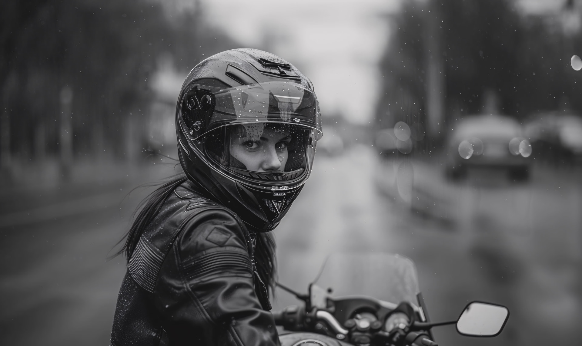Motarde casque intégral sous la pluie